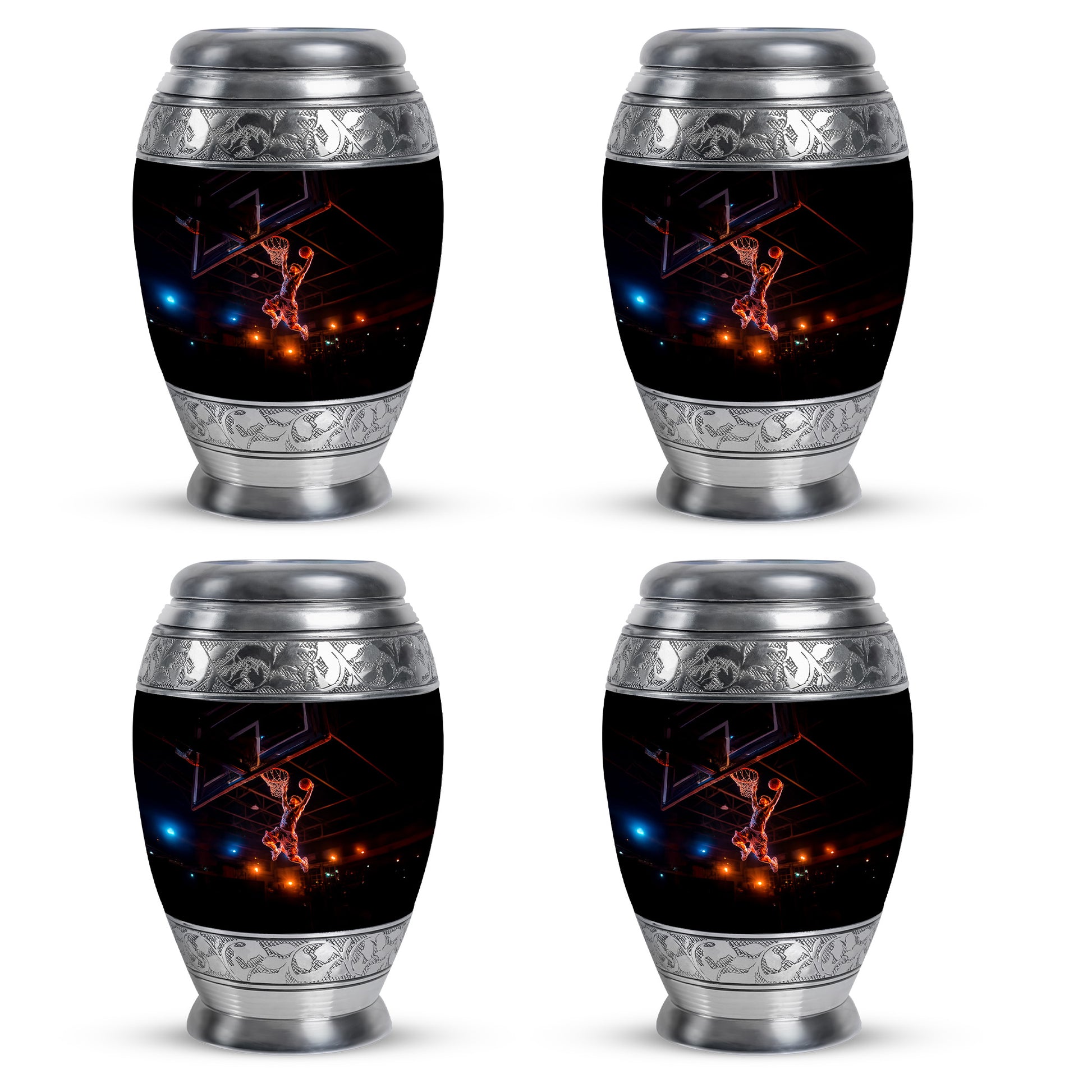 Midnight Black Basketball Cremation Urn urn with complimentary velvet bag - majestic basketball pattern with filigree border - 10 inch aluminum urn for cremated remains
