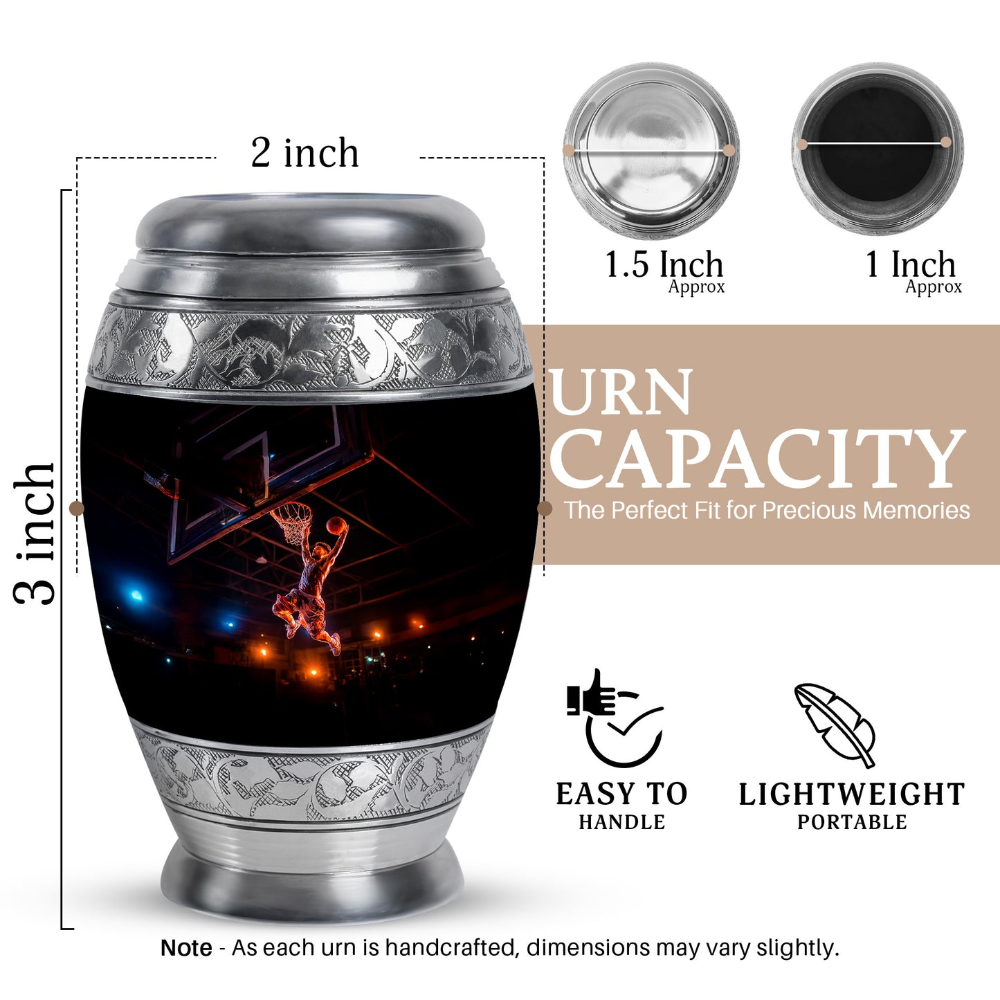 Charcoal Black Basketball Cremation Urn lifestyle display on memorial shelf - majestic basketball pattern with filigree border - mini keepsake memorial for portion of cremation ashes