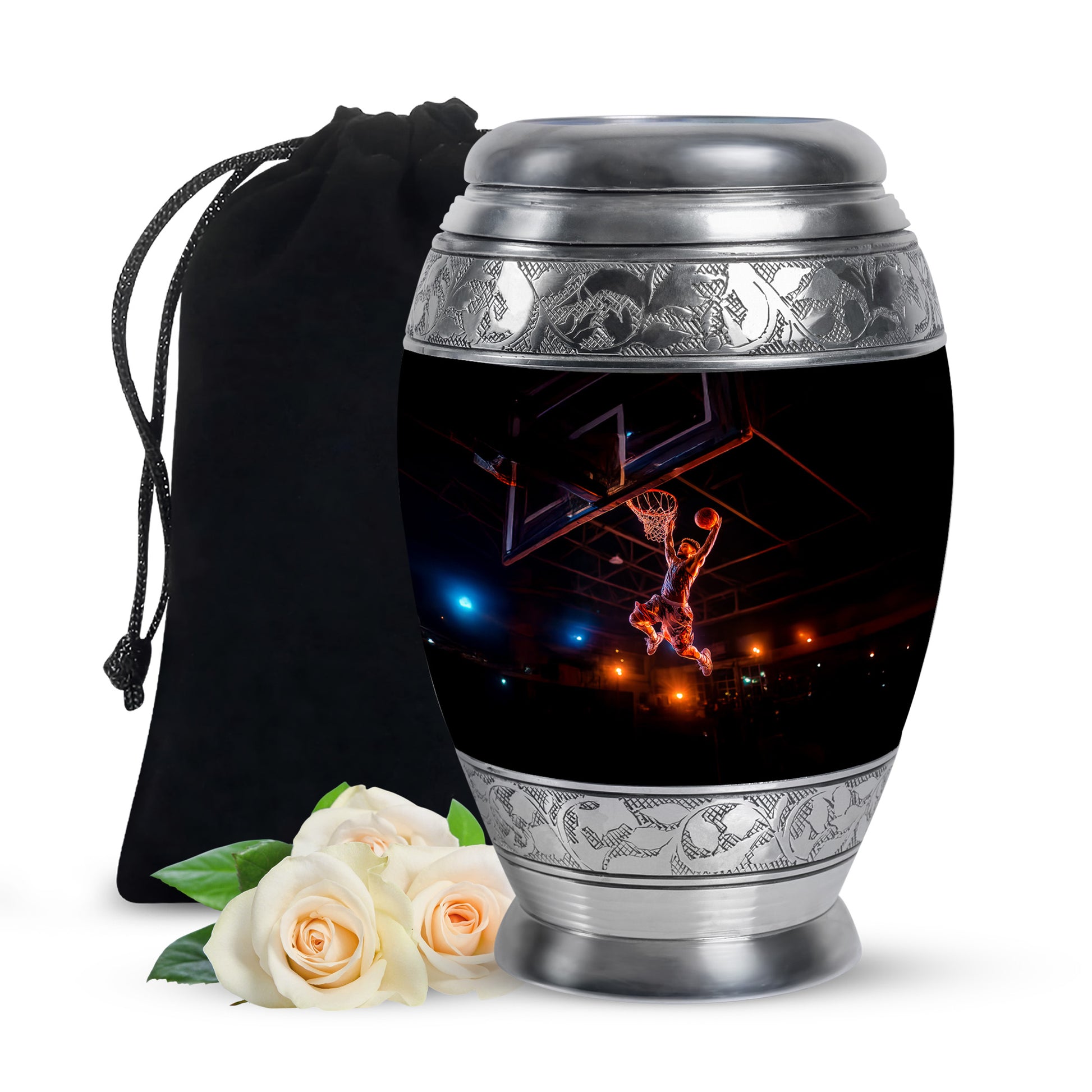 Onyx Black Basketball Cremation Urn back view with polished surface - majestic basketball pattern with filigree border - full-size 10 inch 200 cubic inch adult cremation urn