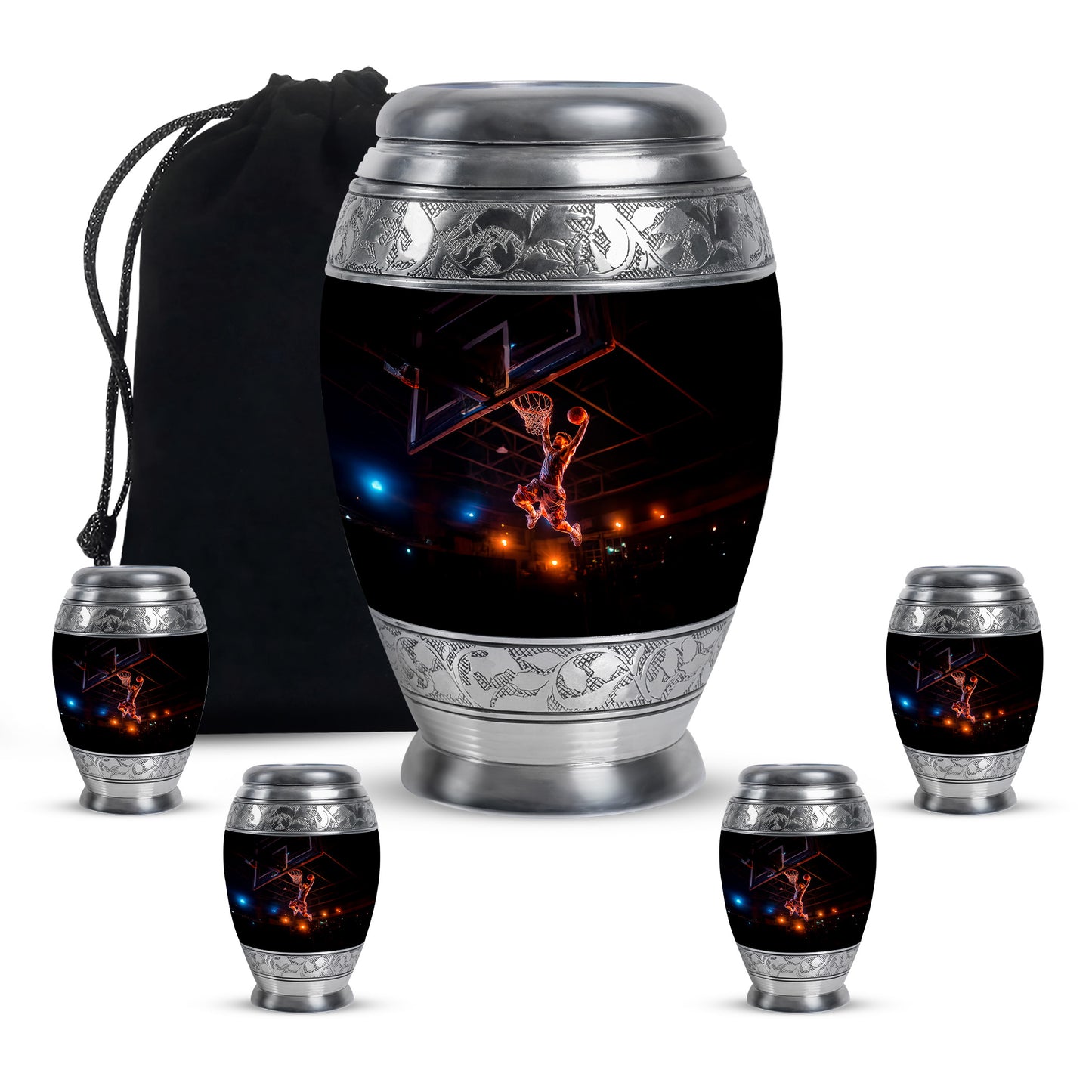 Deep Black Basketball Cremation Urn detail view - regal basketball design with crown-inspired accents - memorial set with one large and four small urns