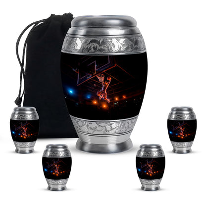 Deep Black Basketball Cremation Urn detail view - regal basketball design with crown-inspired accents - memorial set with one large and four small urns