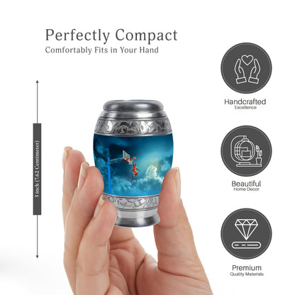 Cornflower Blue Basketball Cremation Urn lifestyle display on memorial shelf - majestic basketball pattern with filigree border - mini keepsake memorial for portion of cremation ashes