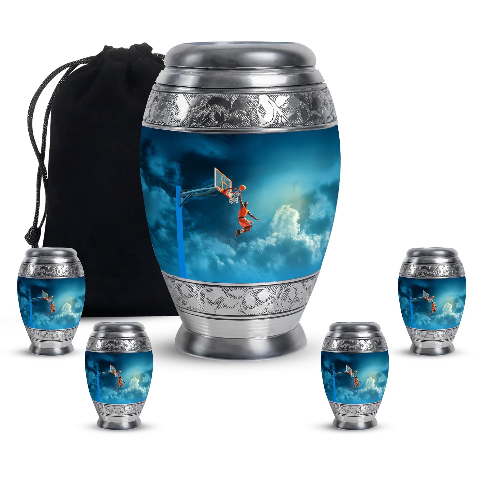 Bright Blue Basketball Cremation Urn detail view - majestic basketball pattern with filigree border - memorial set with one large and four small urns