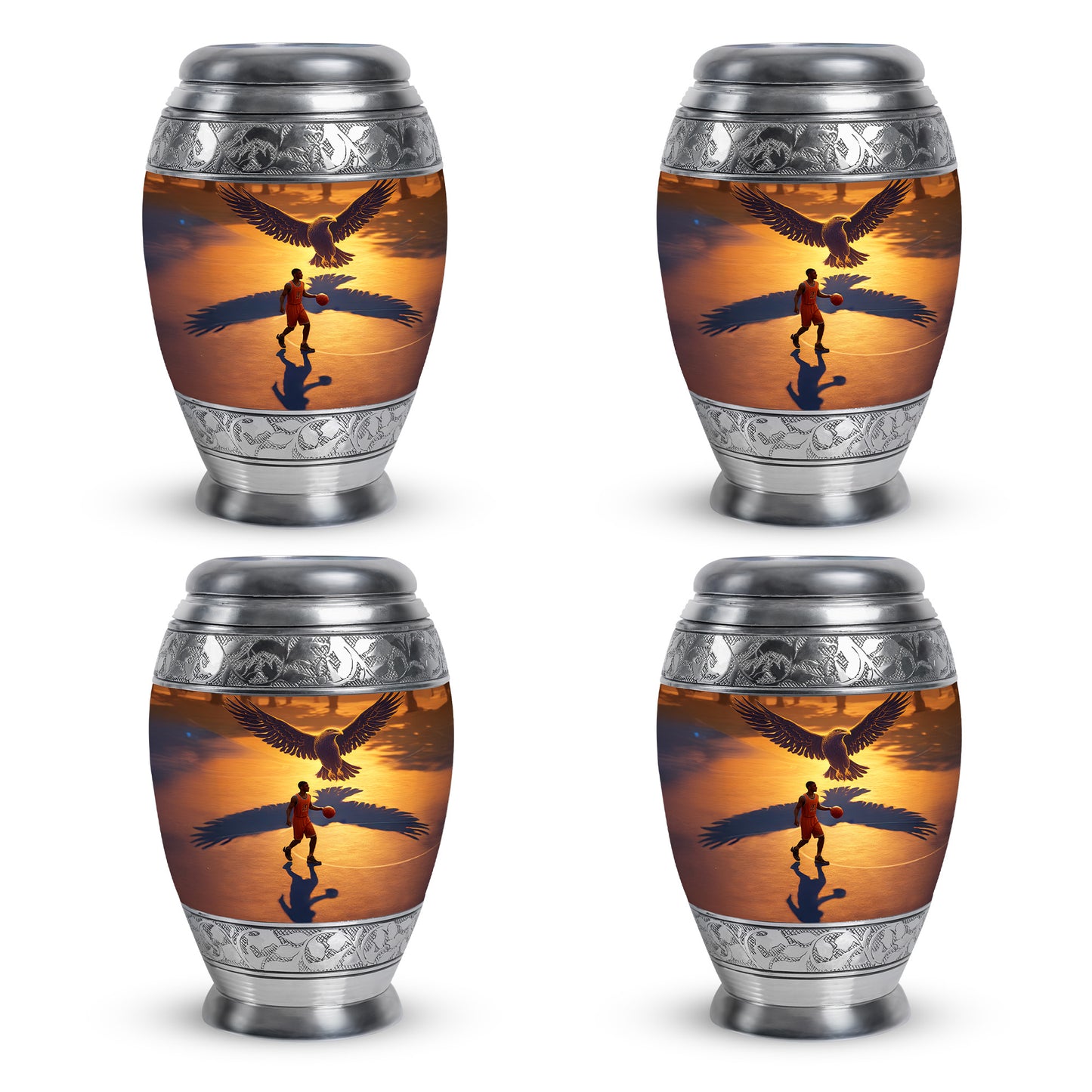 Royal Gold Basketball Cremation Urn urn with complimentary velvet bag - royal basketball engraving with decorative scrollwork - 10 inch aluminum urn for cremated remains