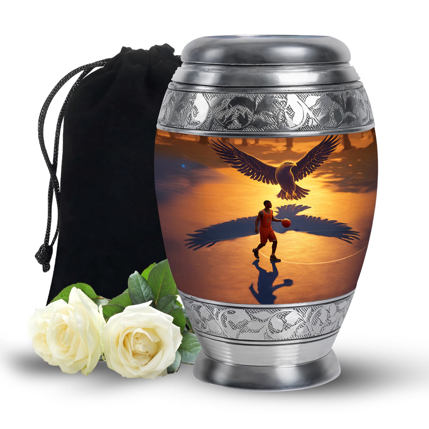Royal Gold Basketball Cremation Urn back view with polished surface - royal basketball engraving with decorative scrollwork - full-size 10 inch 200 cubic inch adult cremation urn