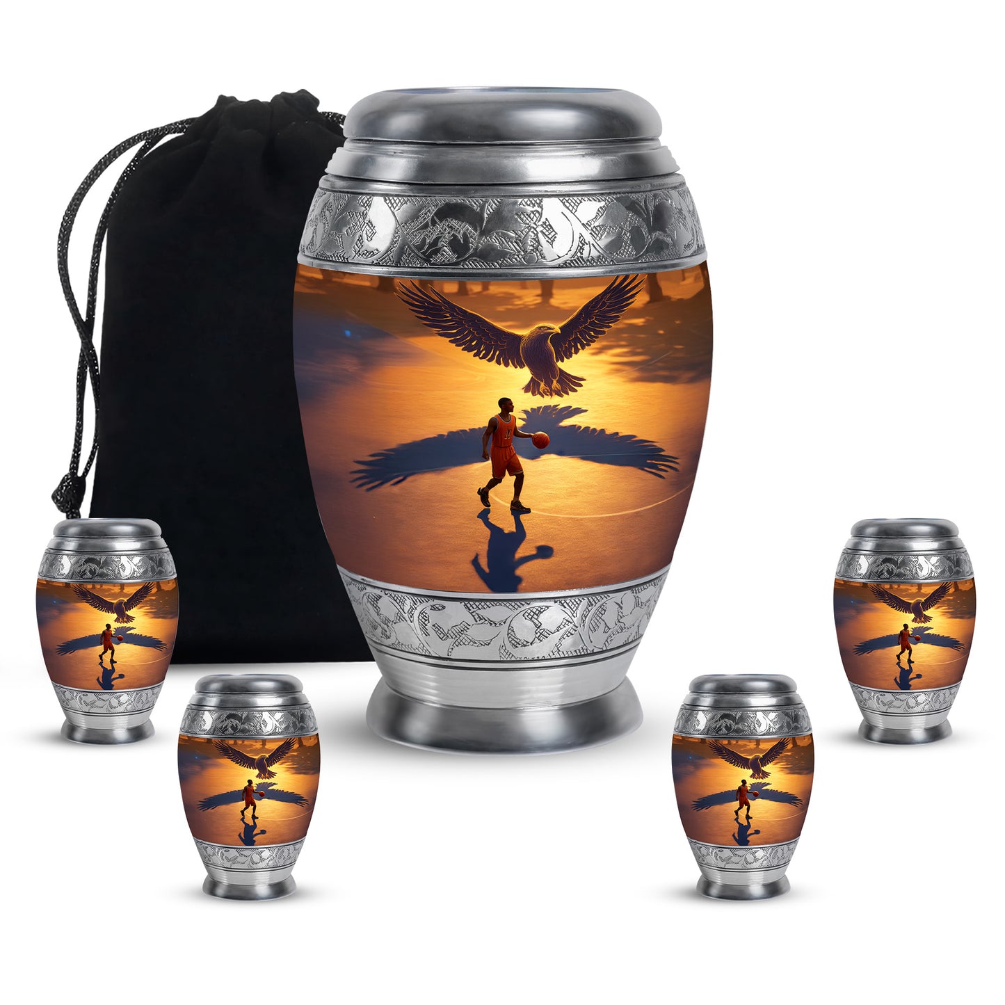 Sunrise Gold Basketball Cremation Urn detail view - regal basketball design with crown-inspired accents - memorial set with one large and four small urns