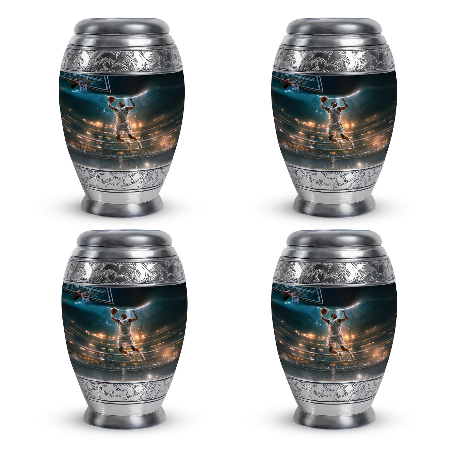 Mystic Teal Basketball Cremation Urn urn with complimentary velvet bag - royal basketball engraving with decorative scrollwork - 10 inch aluminum urn for cremated remains
