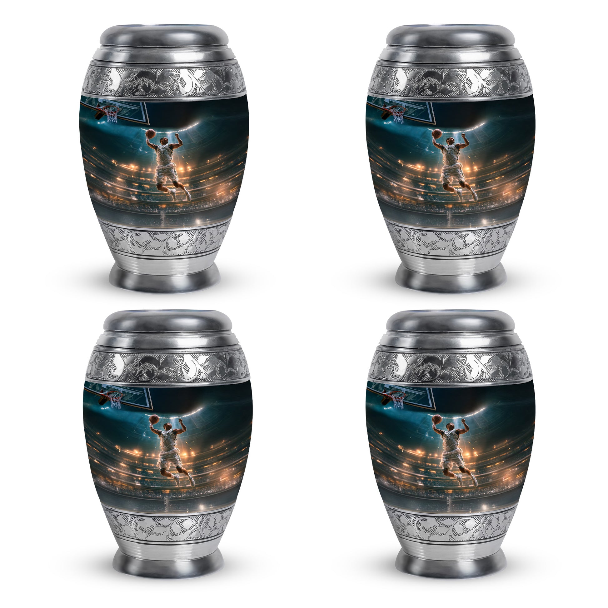 Mystic Teal Basketball Cremation Urn urn with complimentary velvet bag - royal basketball engraving with decorative scrollwork - 10 inch aluminum urn for cremated remains