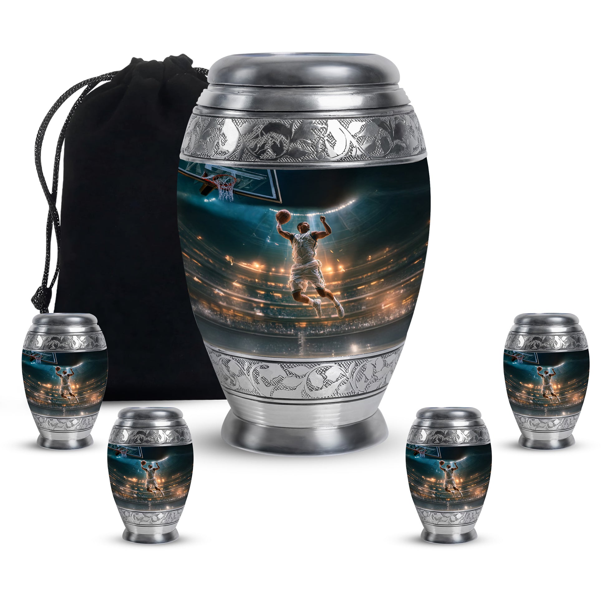 Vivid Teal Basketball Cremation Urn detail view - royal basketball engraving with decorative scrollwork - memorial set with one large and four small urns