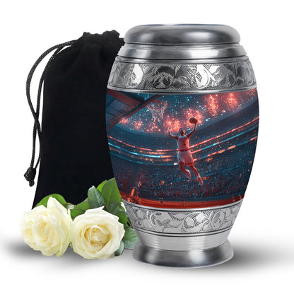 Slate Blue Basketball Cremation Urn back view with polished surface - regal basketball design with crown-inspired accents - full-size 10 inch 200 cubic inch adult cremation urn