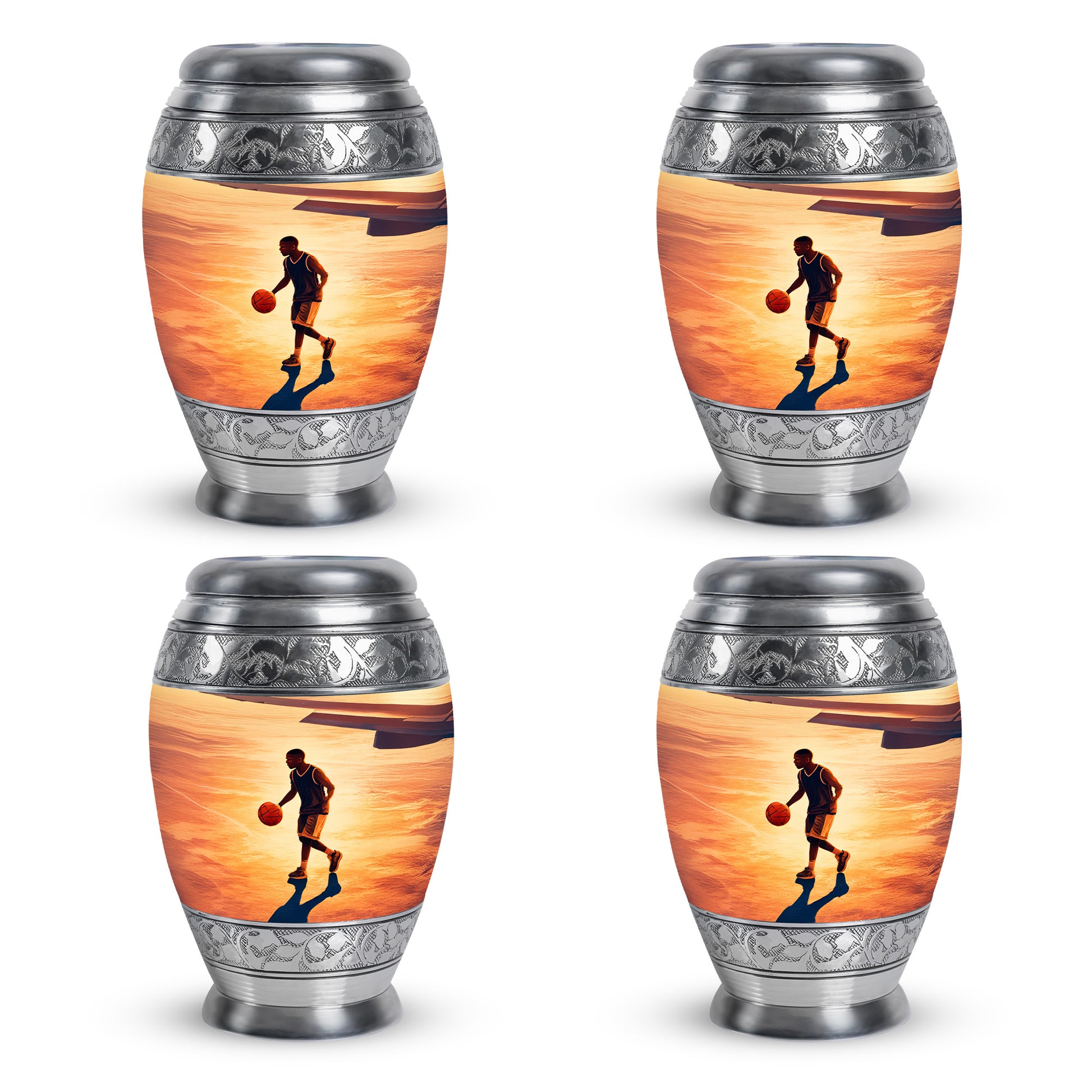 Harvest Gold Basketball Cremation Urn urn with complimentary velvet bag - majestic basketball pattern with filigree border - 10 inch aluminum urn for cremated remains