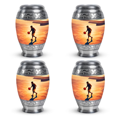 Harvest Gold Basketball Cremation Urn urn with complimentary velvet bag - majestic basketball pattern with filigree border - 10 inch aluminum urn for cremated remains