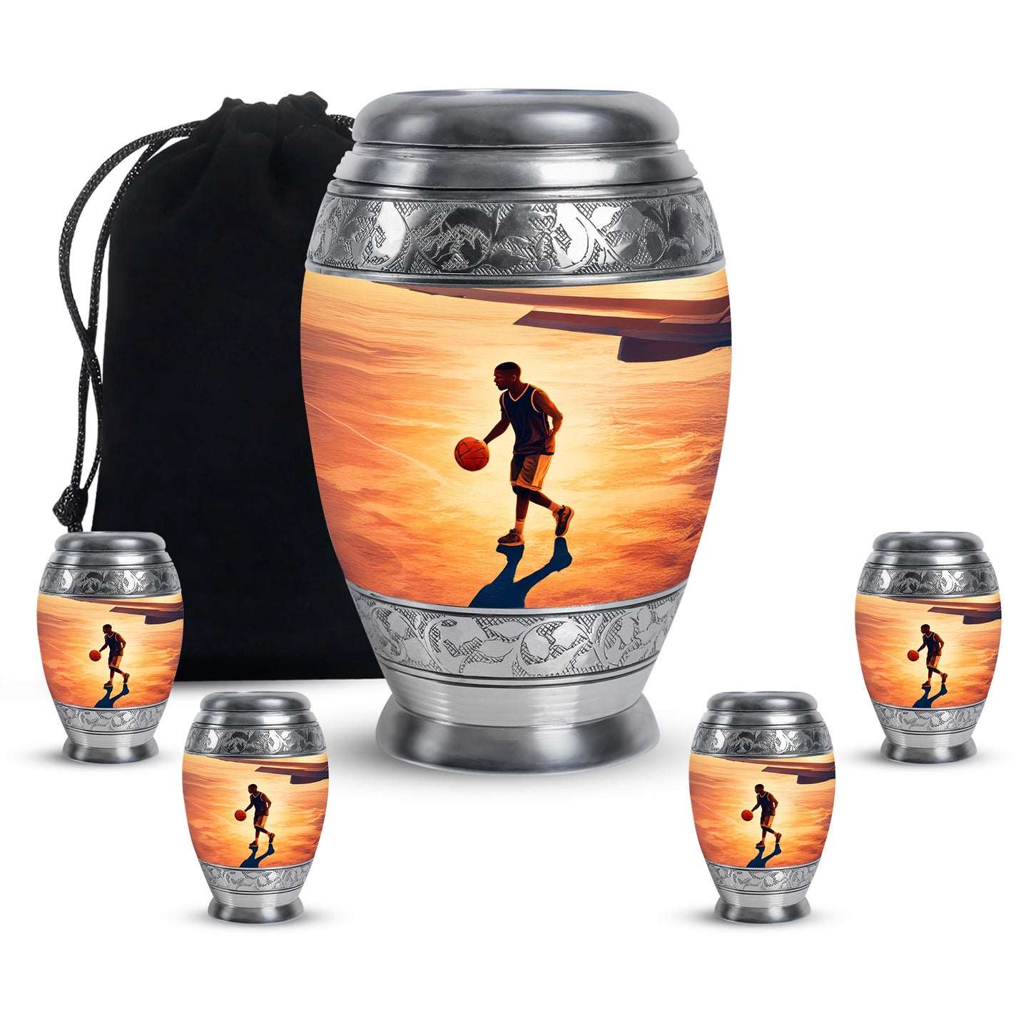 Royal Gold Basketball Cremation Urn detail view - royal basketball engraving with decorative scrollwork - memorial set with one large and four small urns
