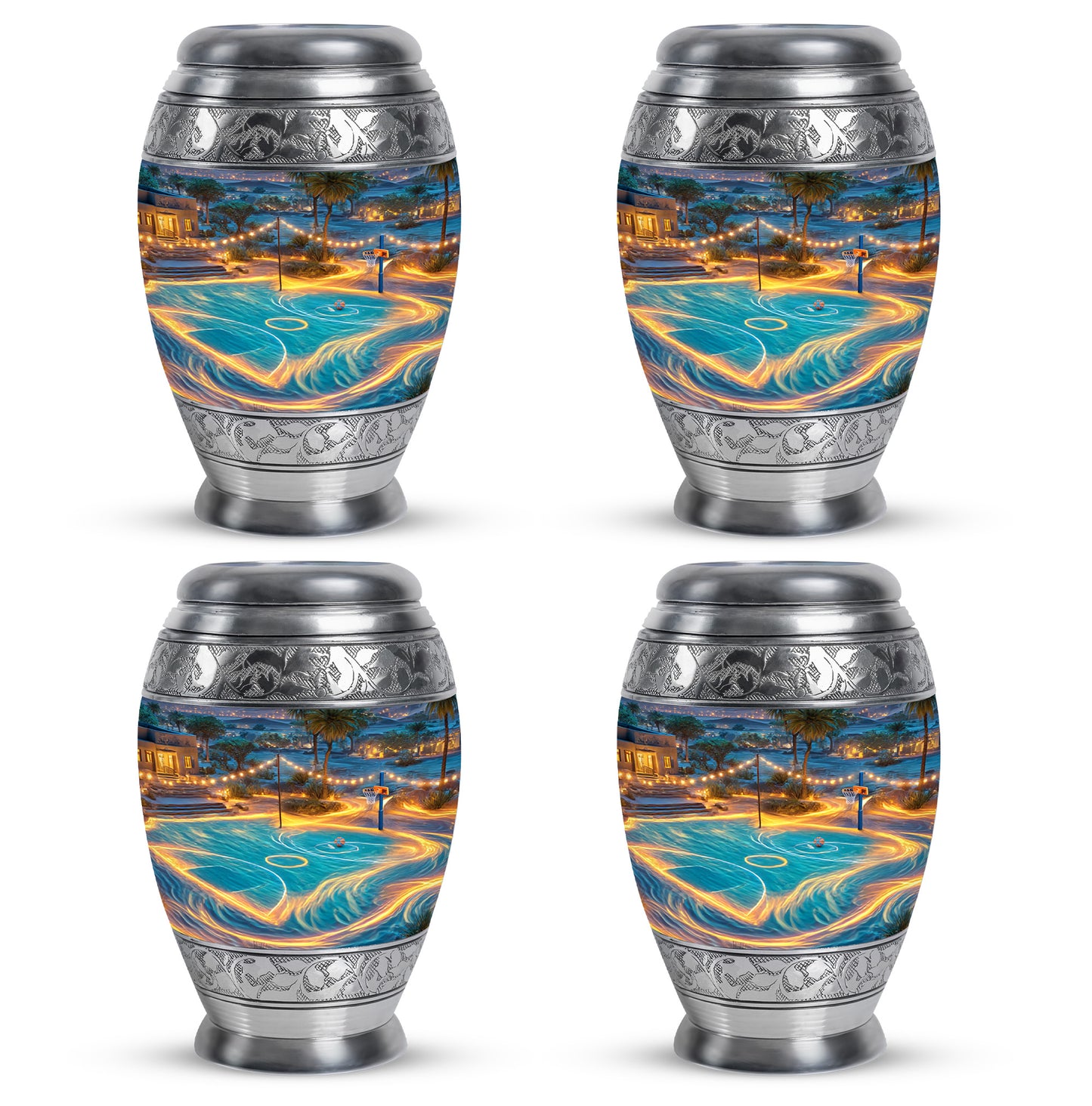 Powder Blue Basketball Cremation Urn urn with complimentary velvet bag - ornate monarch-style basketball relief on brushed aluminum - 10 inch aluminum urn for cremated remains