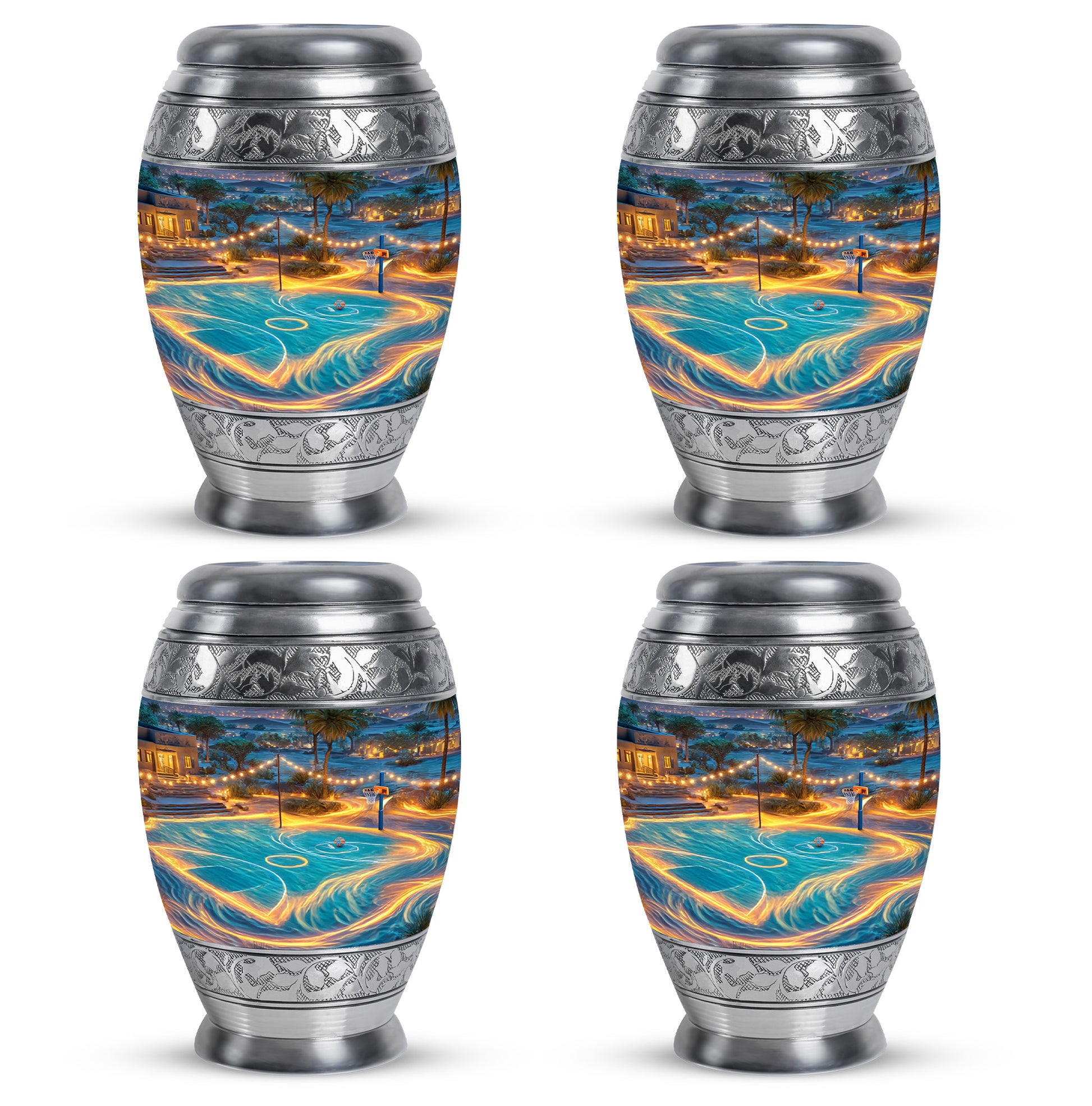 Powder Blue Basketball Cremation Urn urn with complimentary velvet bag - ornate monarch-style basketball relief on brushed aluminum - 10 inch aluminum urn for cremated remains