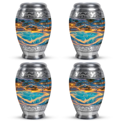 Powder Blue Basketball Cremation Urn urn with complimentary velvet bag - ornate monarch-style basketball relief on brushed aluminum - 10 inch aluminum urn for cremated remains
