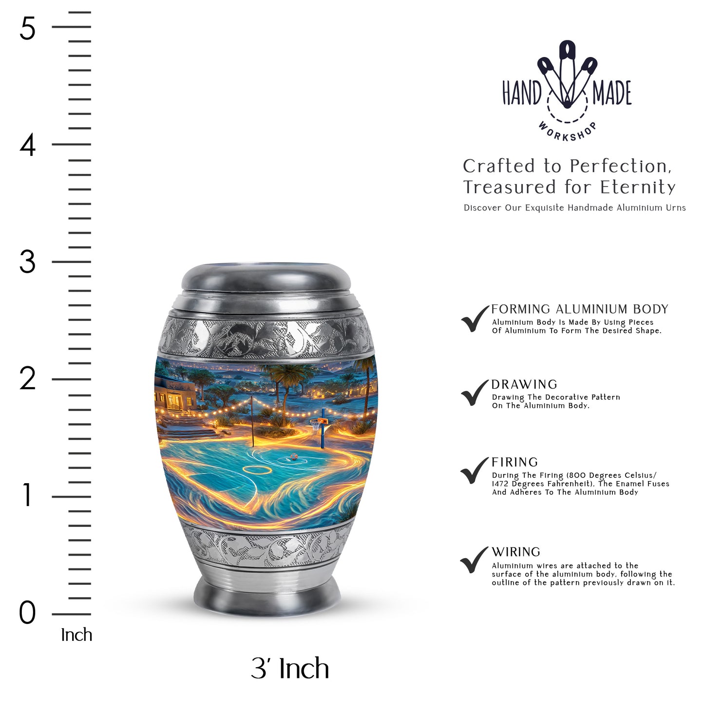 Misty Blue Basketball Cremation Urn lifestyle display on memorial shelf - ornate monarch-style basketball relief on brushed aluminum - mini keepsake memorial for portion of cremation ashes