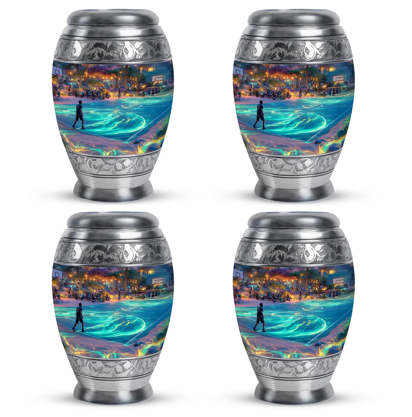Indigo Basketball Cremation Urn urn with complimentary velvet bag - ornate monarch-style basketball relief on brushed aluminum - 10 inch aluminum urn for cremated remains