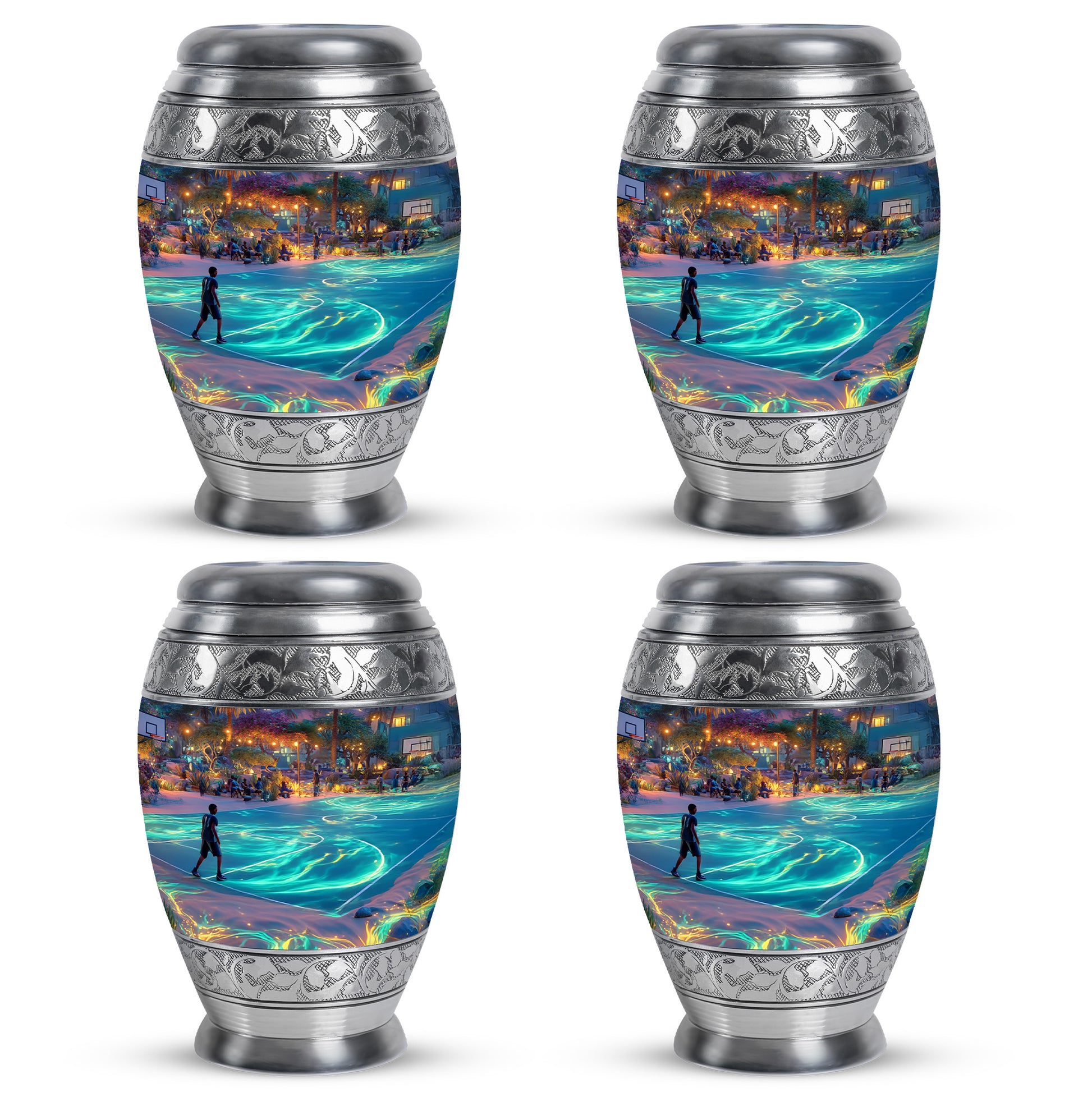 Indigo Basketball Cremation Urn urn with complimentary velvet bag - ornate monarch-style basketball relief on brushed aluminum - 10 inch aluminum urn for cremated remains