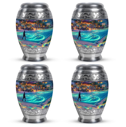 Indigo Basketball Cremation Urn urn with complimentary velvet bag - ornate monarch-style basketball relief on brushed aluminum - 10 inch aluminum urn for cremated remains