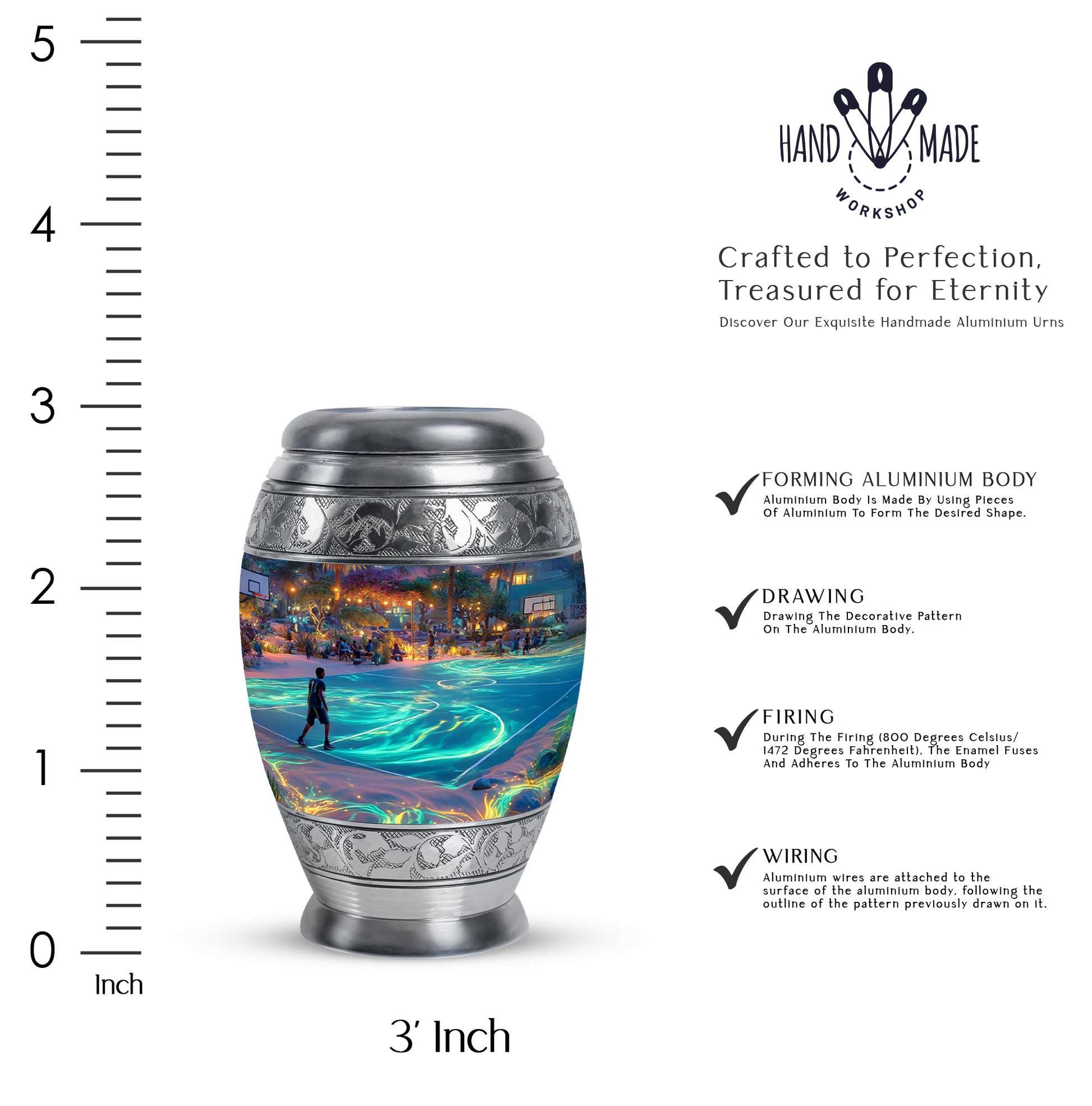 Indigo Basketball Cremation Urn lifestyle display on memorial shelf - ornate monarch-style basketball relief on brushed aluminum - mini keepsake memorial for portion of cremation ashes