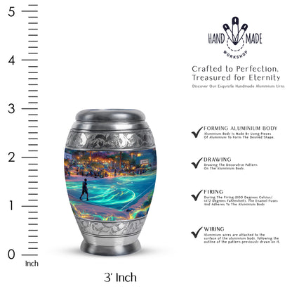 Indigo Basketball Cremation Urn lifestyle display on memorial shelf - ornate monarch-style basketball relief on brushed aluminum - mini keepsake memorial for portion of cremation ashes