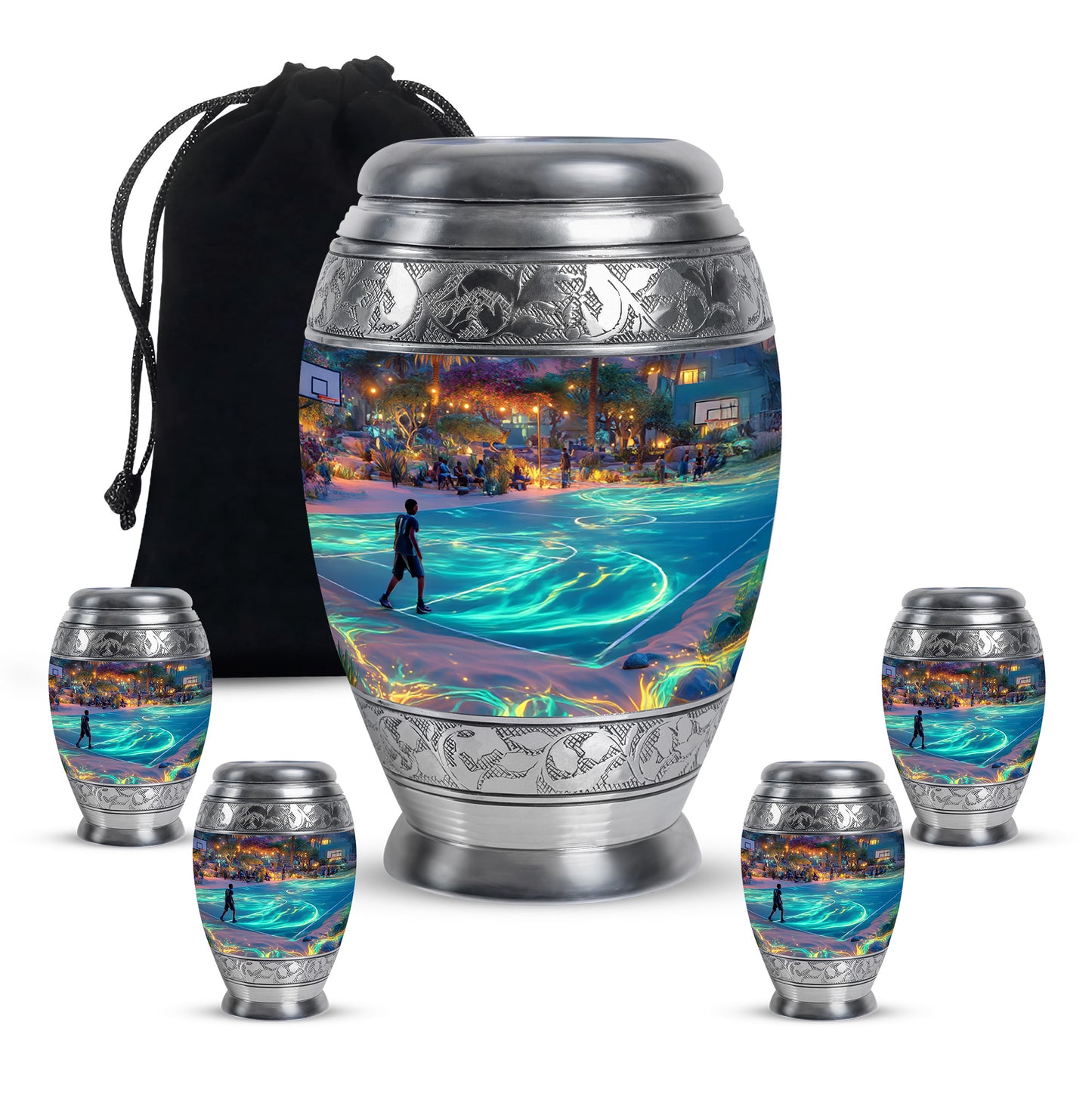 Cornflower Blue Basketball Cremation Urn detail view - majestic basketball pattern with filigree border - memorial set with one large and four small urns