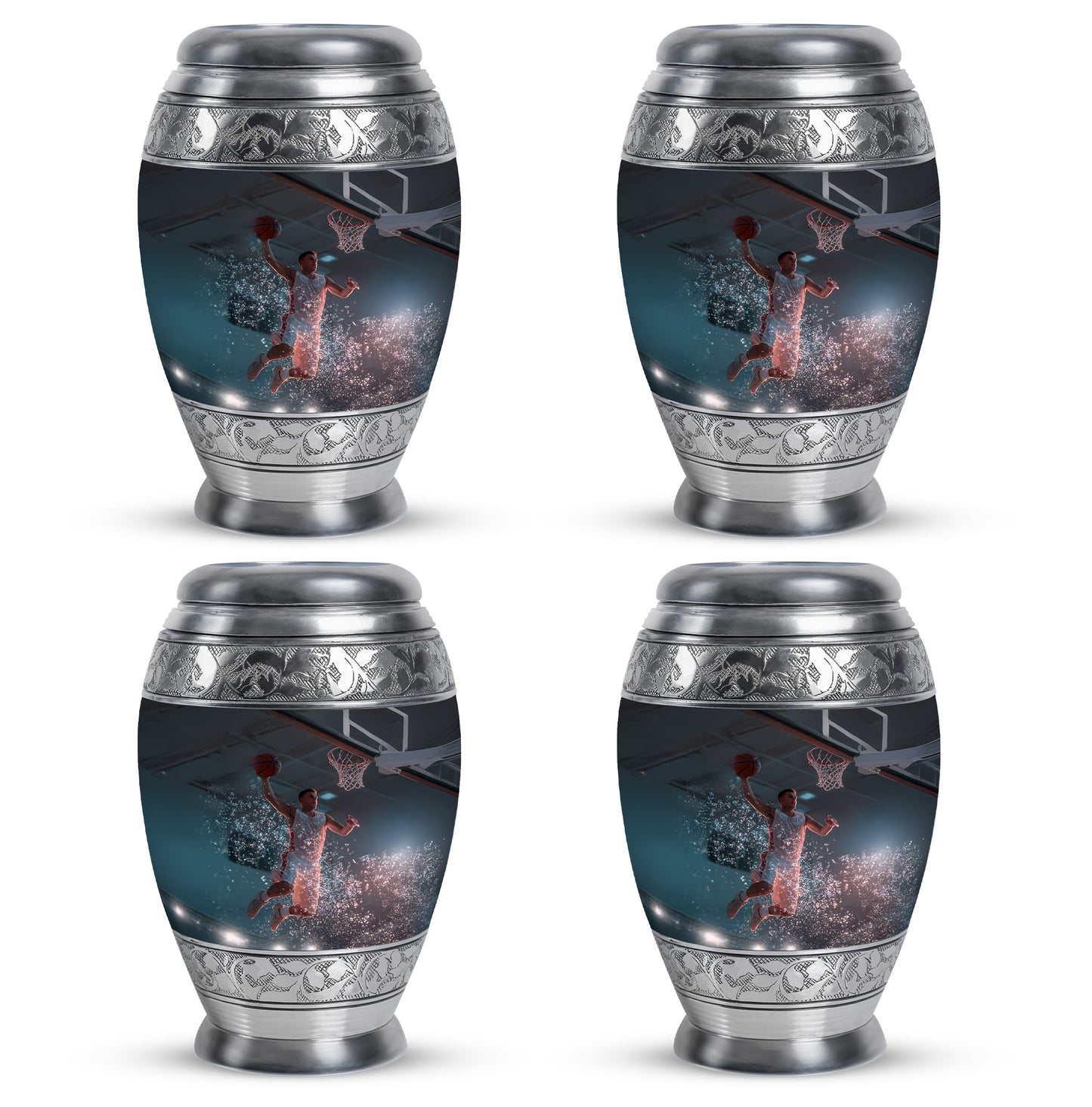 Dark Black Basketball Cremation Urn urn with complimentary velvet bag - royal basketball engraving with decorative scrollwork - 10 inch aluminum urn for cremated remains