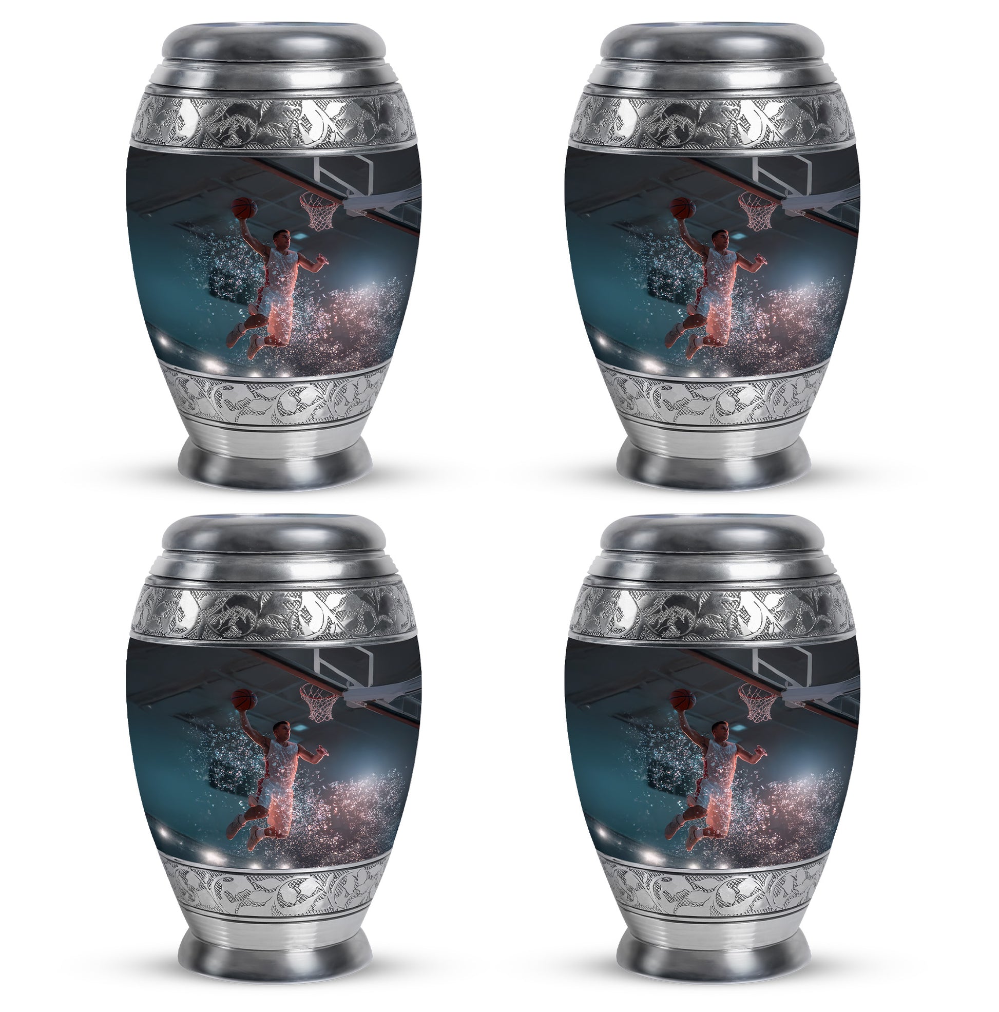 Dark Black Basketball Cremation Urn urn with complimentary velvet bag - royal basketball engraving with decorative scrollwork - 10 inch aluminum urn for cremated remains