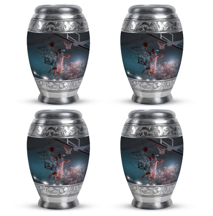 Dark Black Basketball Cremation Urn urn with complimentary velvet bag - royal basketball engraving with decorative scrollwork - 10 inch aluminum urn for cremated remains