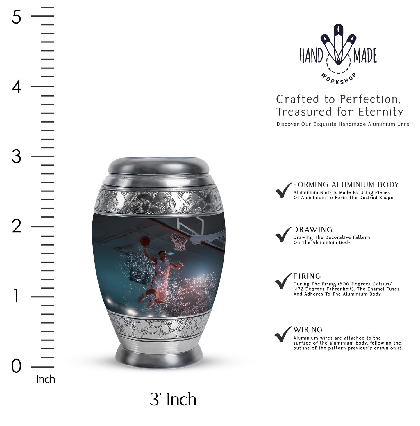 Dark Black Basketball Cremation Urn lifestyle display on memorial shelf - majestic basketball pattern with filigree border - mini keepsake memorial for portion of cremation ashes
