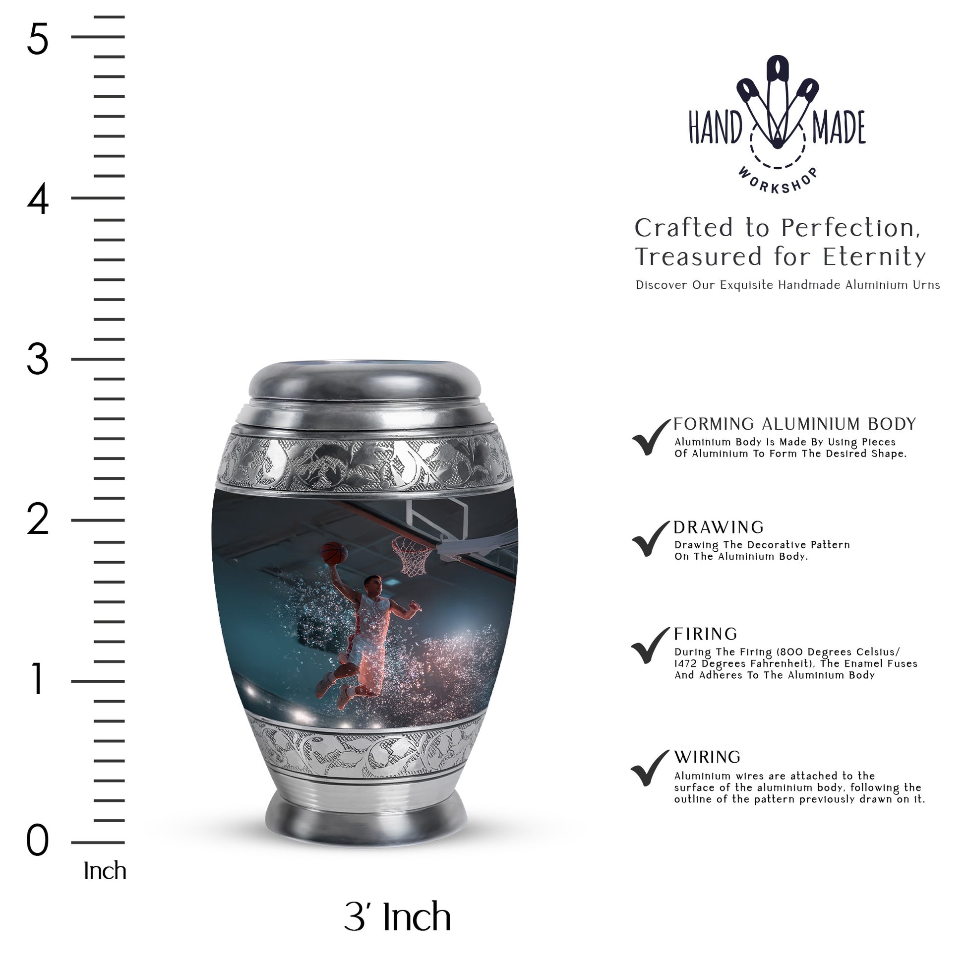 Dark Black Basketball Cremation Urn lifestyle display on memorial shelf - majestic basketball pattern with filigree border - mini keepsake memorial for portion of cremation ashes