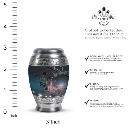 Dark Black Basketball Cremation Urn lifestyle display on memorial shelf - majestic basketball pattern with filigree border - mini keepsake memorial for portion of cremation ashes