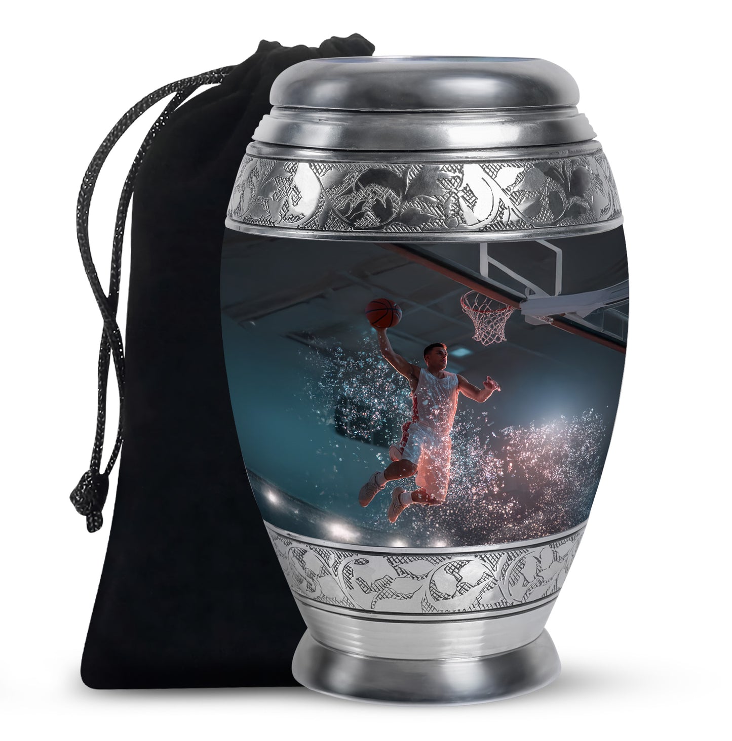 Jet Black Basketball Cremation Urn back view with polished surface - ornate monarch-style basketball relief on brushed aluminum - full-size 10 inch 200 cubic inch adult cremation urn