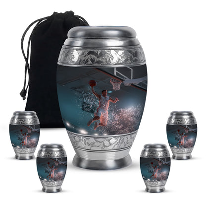 Midnight Black Basketball Cremation Urn detail view - royal basketball engraving with decorative scrollwork - memorial set with one large and four small urns