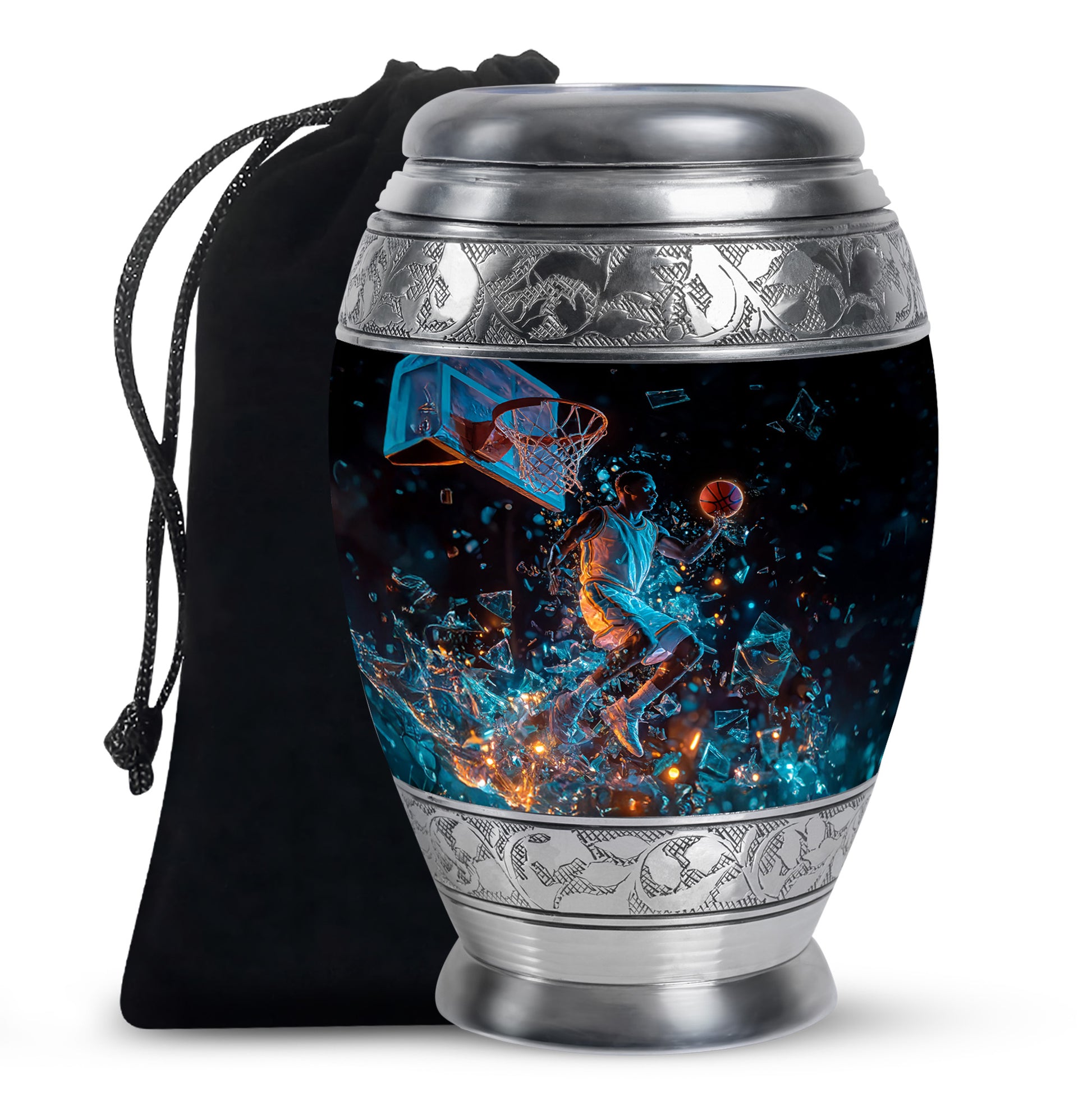 Jet Black Basketball Cremation Urn back view with polished surface - ornate monarch-style basketball relief on brushed aluminum - full-size 10 inch 200 cubic inch adult cremation urn