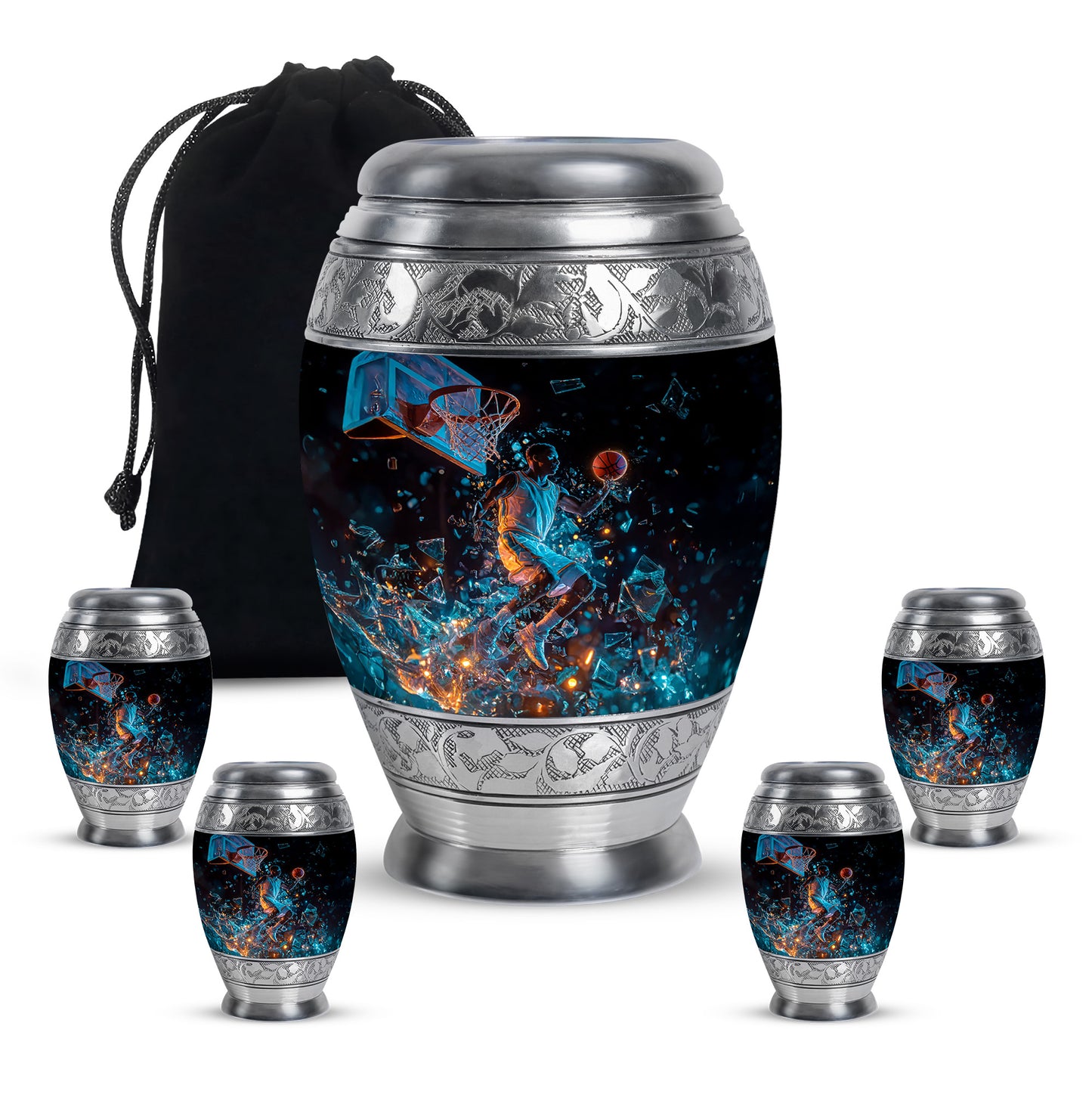 Rich Black Basketball Cremation Urn detail view - ornate monarch-style basketball relief on brushed aluminum - memorial set with one large and four small urns