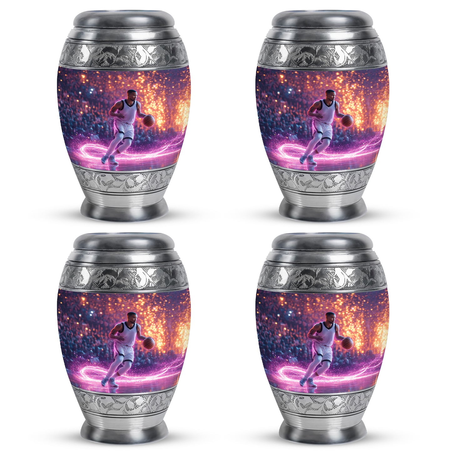 Twilight Blue Basketball Cremation Urn urn with complimentary velvet bag - majestic basketball pattern with filigree border - 10 inch aluminum urn for cremated remains