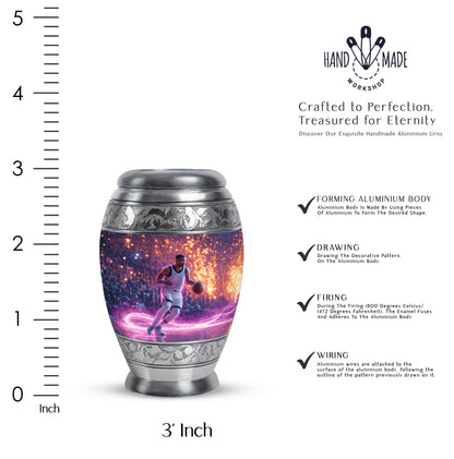 Navy Blue Basketball Cremation Urn lifestyle display on memorial shelf - regal basketball design with crown-inspired accents - mini keepsake memorial for portion of cremation ashes