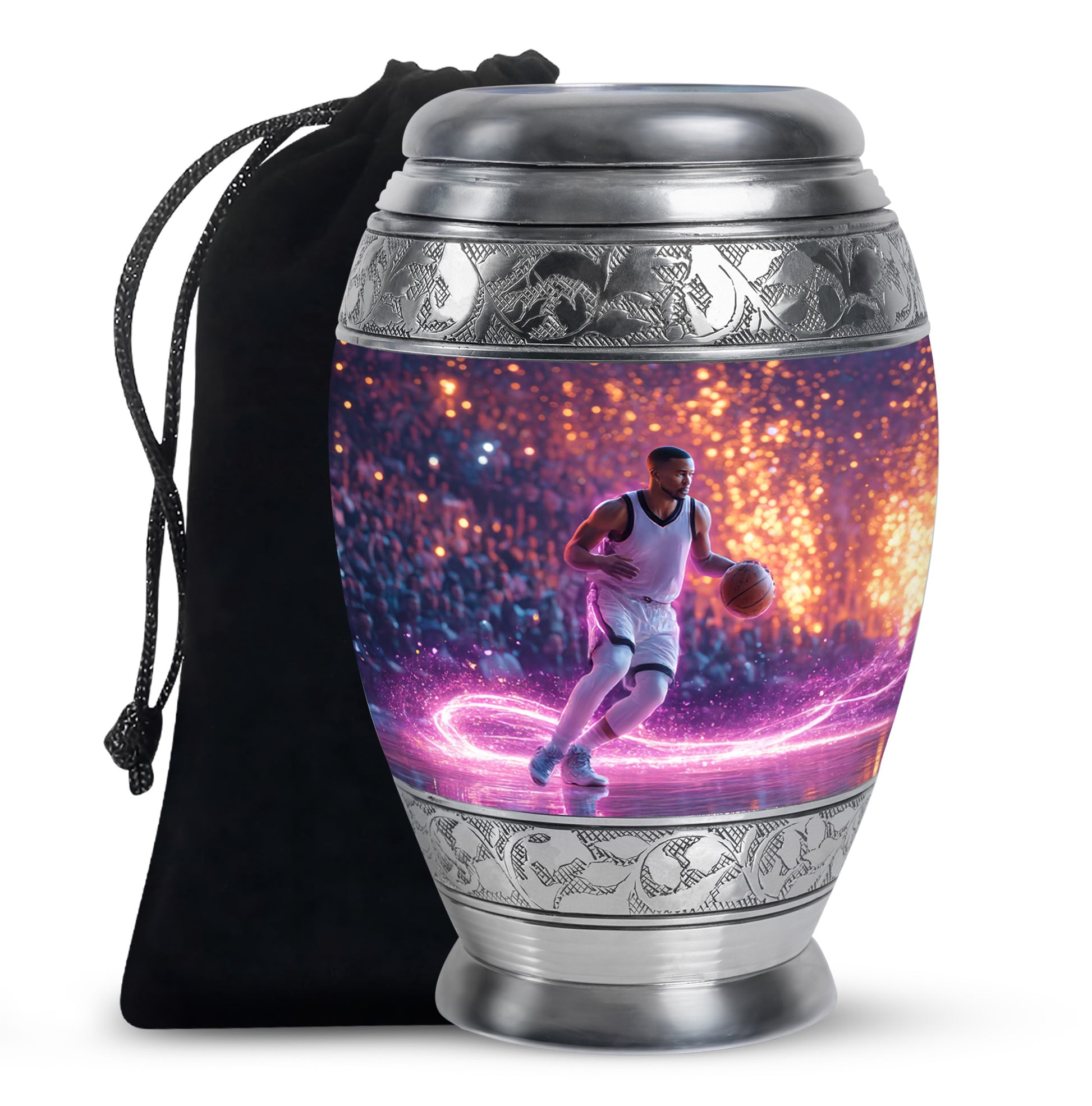 Indigo Basketball Cremation Urn back view with polished surface - regal basketball design with crown-inspired accents - full-size 10 inch 200 cubic inch adult cremation urn