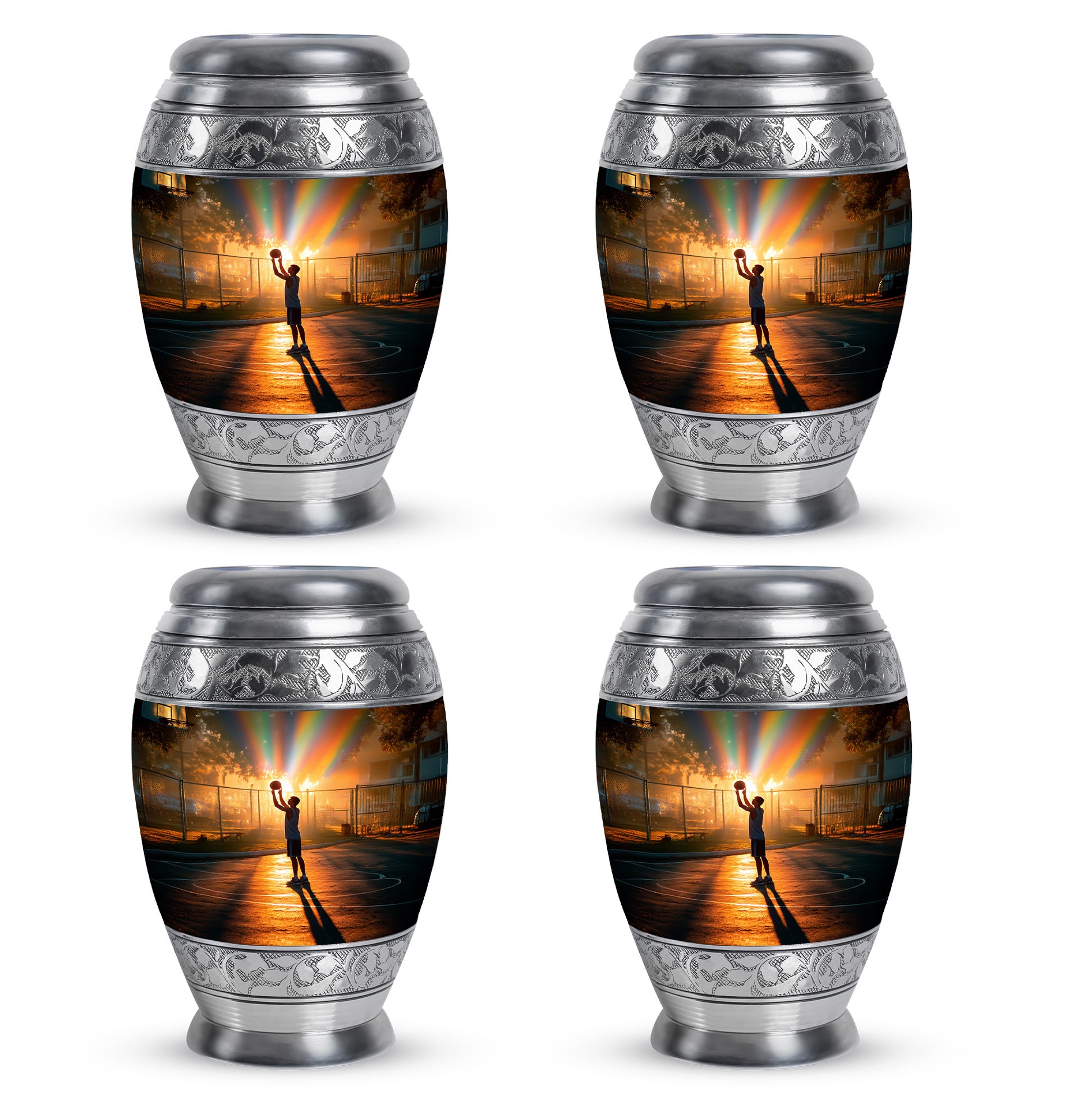 Burnished Gold Basketball Cremation Urn urn with complimentary velvet bag - royal basketball engraving with decorative scrollwork - 10 inch aluminum urn for cremated remains