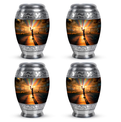 Burnished Gold Basketball Cremation Urn urn with complimentary velvet bag - royal basketball engraving with decorative scrollwork - 10 inch aluminum urn for cremated remains