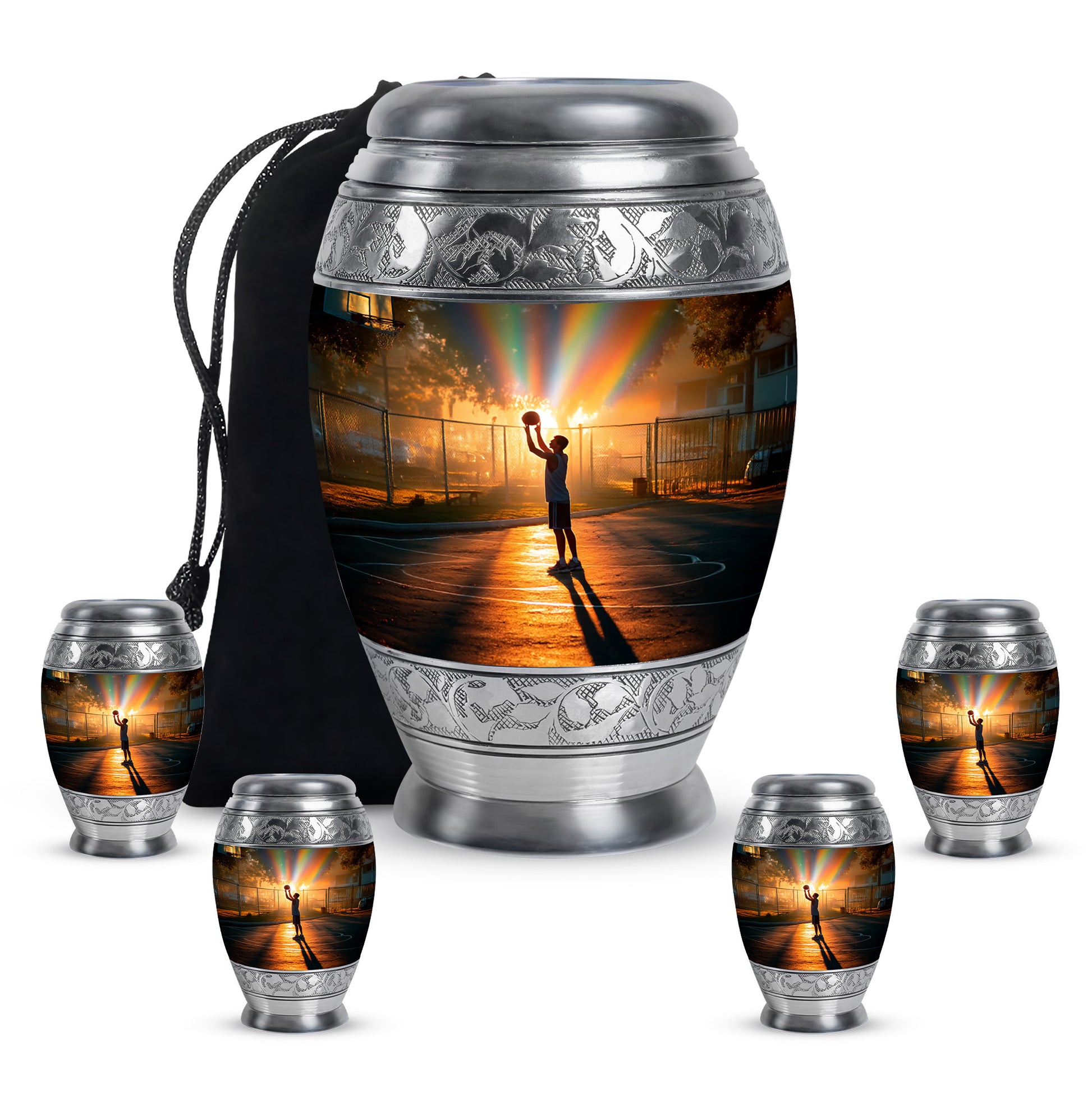 Champagne Gold Basketball Cremation Urn detail view - regal basketball design with crown-inspired accents - memorial set with one large and four small urns
