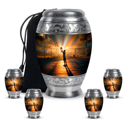 Champagne Gold Basketball Cremation Urn detail view - regal basketball design with crown-inspired accents - memorial set with one large and four small urns