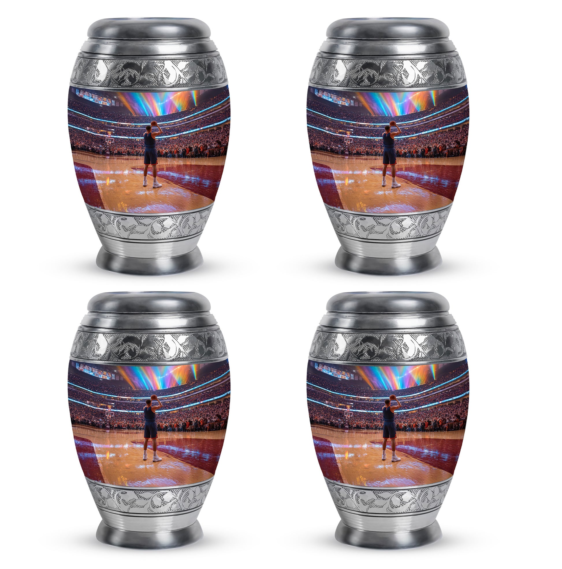 Charcoal Black Basketball Cremation Urn urn with complimentary velvet bag - royal basketball engraving with decorative scrollwork - 10 inch aluminum urn for cremated remains
