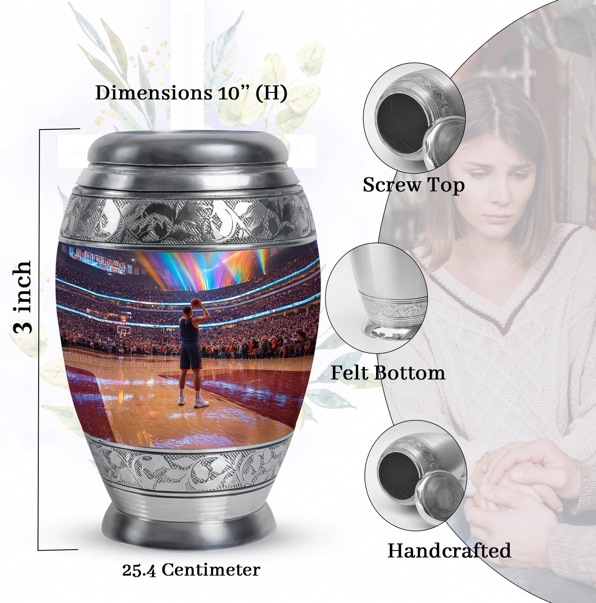 Obsidian Black Basketball Cremation Urn lifestyle display on memorial shelf - majestic basketball pattern with filigree border - mini keepsake memorial for portion of cremation ashes