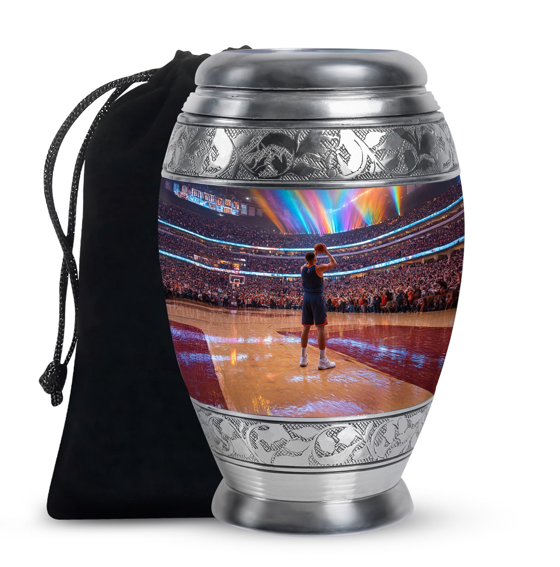 Rich Black Basketball Cremation Urn back view with polished surface - ornate monarch-style basketball relief on brushed aluminum - full-size 10 inch 200 cubic inch adult cremation urn