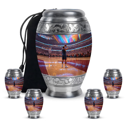 Obsidian Black Basketball Cremation Urn detail view - majestic basketball pattern with filigree border - memorial set with one large and four small urns