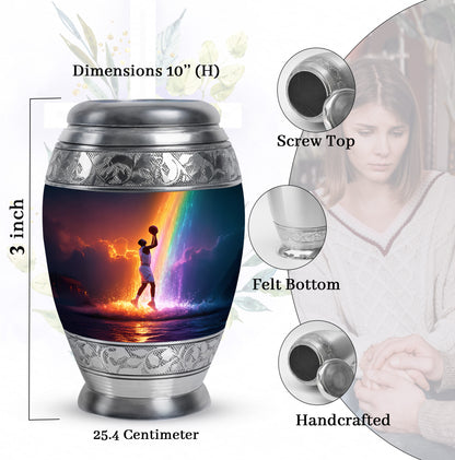 Royal Purple Basketball Cremation Urn lifestyle display on memorial shelf - majestic basketball pattern with filigree border - mini keepsake memorial for portion of cremation ashes