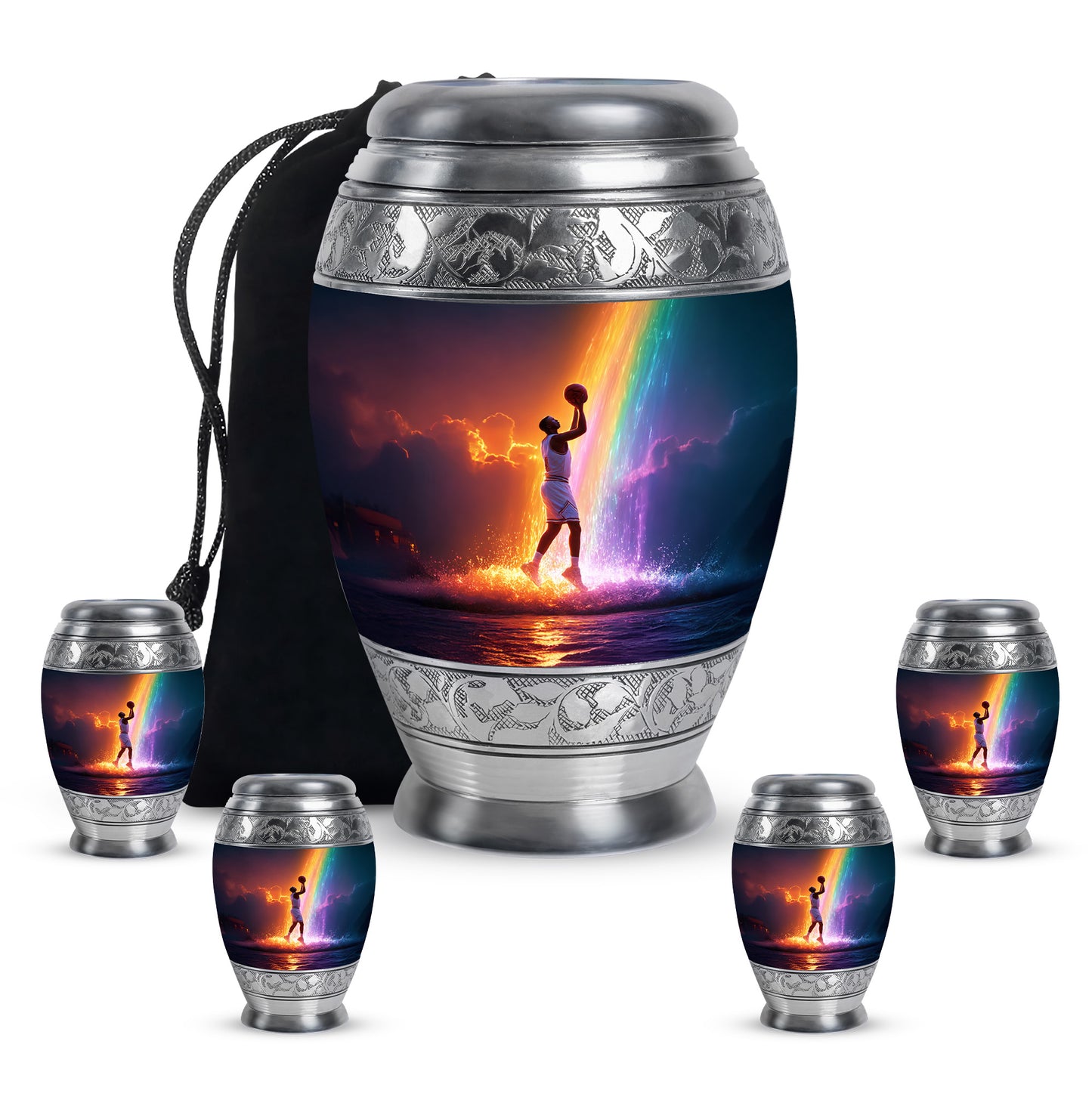 Amethyst Purple Basketball Cremation Urn detail view - regal basketball design with crown-inspired accents - memorial set with one large and four small urns